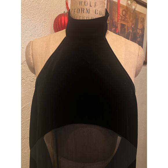 Black Contrast Mesh Velvet Sheer Halter Neck Open Back Flare Leg Jumpsuit Size L - Picture 4 of 13